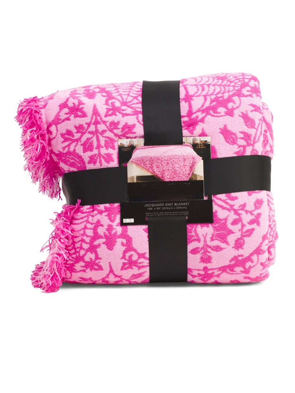 Pink Floral & Skull Jacquard Knit Blanket with Fringe
